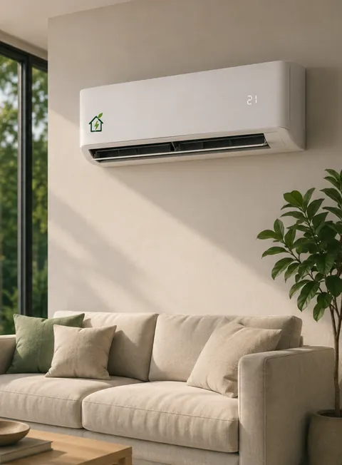 Airco aan de muur boven een bank in een lichte woonkamer, productrender