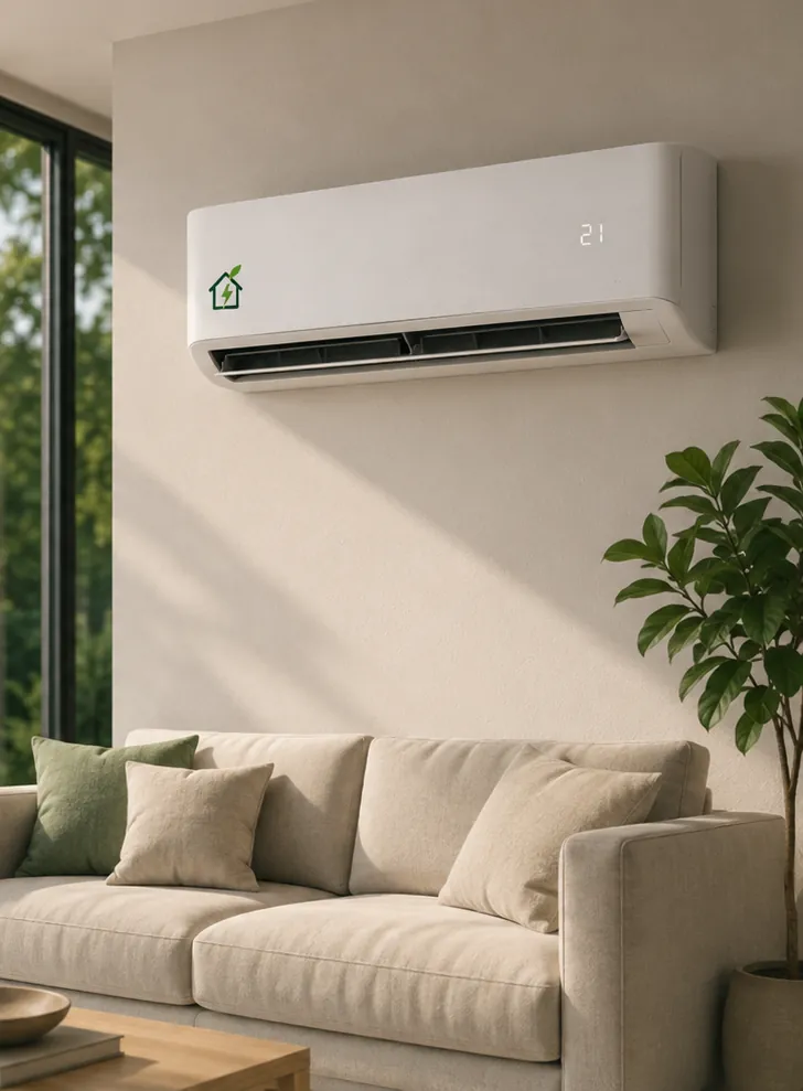 Airco aan de muur boven een bank in een lichte woonkamer, productrender