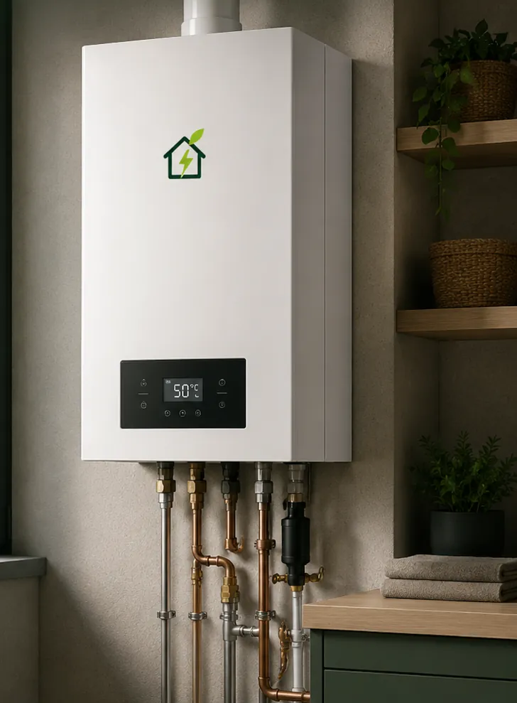 Wandhangende cv-ketel met nette leidingen in een woning (productrender)