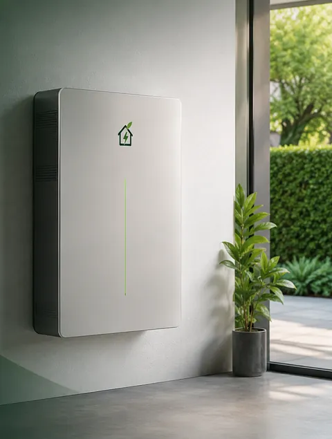Thuisbatterij aan een muur in een woning, naast een plant en een glazen pui (productrender)